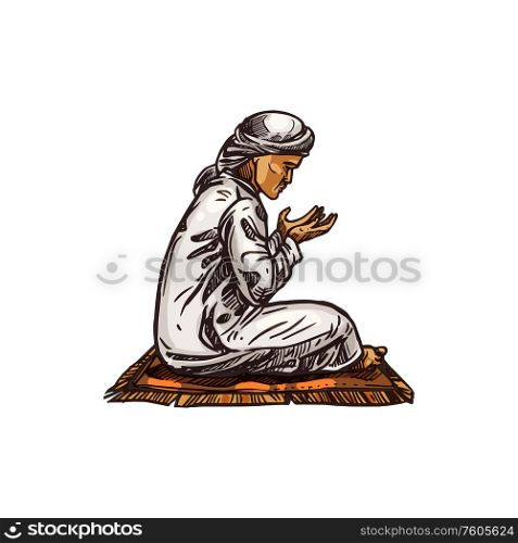 Man in hijab praying on carpet isolated muslim prayer sketch. Vector namaz or salah pray place. Muslim man praying kneeling on carpet isolated