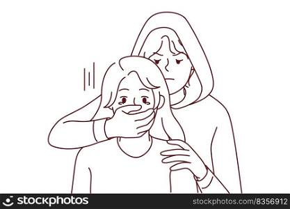 Man in hood close scared woman mouth with hand. Male criminal or offender attack terrified female. Concept of kidnapping and crime. Vector illustration. . Man in hood close terrified woman mouth 