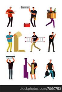 Man in household activities. Repair in apartment various situations vector cartoon characters set. Illustration housework and household man, housekeeping work. Man in household activities. Repair in apartment various situations vector cartoon characters set