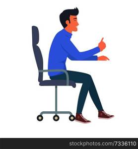 Man in jeans and blue t-shirt sitting on chair side view vector illustration. Nonverbal body language, person gesturing by hands during talk. Man in Jeans and Blue T-Shirt Vector Illustration