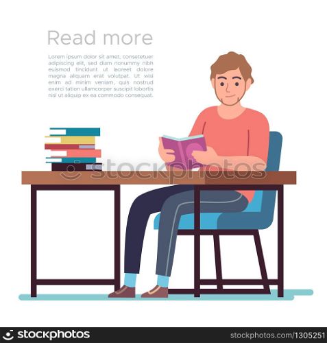 Man in library. Young man reading book in public library interior with bookshelves, desks and chairs, flat bibliophile design vector studying concept. Man in library. Young man reading book in public library interior with bookshelves, desks and chairs, flat bibliophile design vector concept