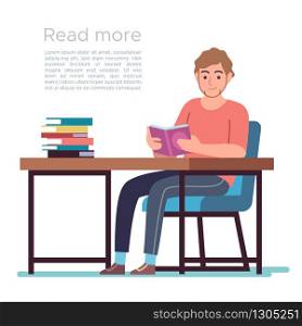 Man in library. Young man reading book in public library interior with bookshelves, desks and chairs, flat bibliophile design vector studying concept. Man in library. Young man reading book in public library interior with bookshelves, desks and chairs, flat bibliophile design vector concept