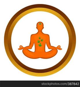 Man in lotus position and marijuana leaves vector icon in golden circle, cartoon style isolated on white background. Man in lotus position vector icon