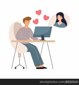 Man in love is texting with girl online. Dating site. Vector character in flat style. Love on Internet.