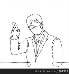 man in mask businessman catches a taxi on the street - one line drawing. portrait of a masked man in a coat and business suit with a defiant hand