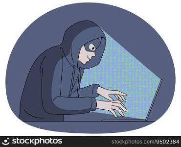 Man in mask hacking programs and websites on computer. Anonymous hacker steal personal information from laptop. Internet safety and security. Vector illustration.. Hacker stealing information from computer