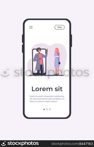 Man in mask on phone screen explaining something to woman. Smartphone, quarantine, virus flat vector illustration. Pandemic and protection concept for banner, website design or landing web page