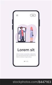 Man in mask on phone screen explaining something to woman. Smartphone, quarantine, virus flat vector illustration. Pandemic and protection concept for banner, website design or landing web page