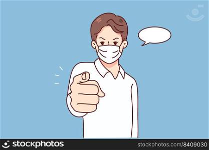 Man in mask point at screen make people stay home during covid-19 lockdown. Male in facemask ask everyone keep distance. Coronavirus concept. Vector illustration. . Man in mask point at screen 