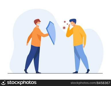 Man in mask protecting from covid with shield. Infected person, cough, spread. Flat vector illustration. Coronavirus, pandemic, social distance concept for banner, website design or landing web page