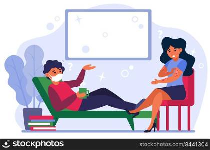 Man in mask protecting from girlfriend rash. Skin disease, infection, epidemic flat vector illustration. Health care, safety, distance concept for banner, website design or landing web page