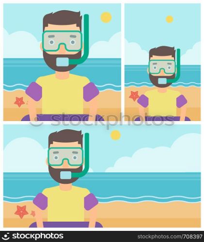 Man in mask, tube and rubber ring standing on the background of beach and sea. Man wearing snorkeling equipment on the beach. Vector flat design illustration. Square, horizontal, vertical layouts.. Man with snorkeling equipment on the beach.