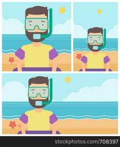 Man in mask, tube and rubber ring standing on the background of beach and sea. Man wearing snorkeling equipment on the beach. Vector flat design illustration. Square, horizontal, vertical layouts.. Man with snorkeling equipment on the beach.