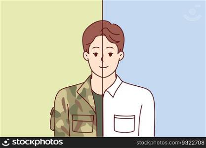 Man in military and office clothes simultaneously symbolizes dismissal from army and beginning of civilian career. Guy is former military man who became manager or opened own business. Man in military and office clothes symbolizes dismissal from army and beginning of civilian career.