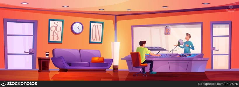 Man in music studio booth room cartoon vector. Sound production workstation with singer and producer character. Professional mixing equipment station for radio broadcast. Couch near purple door. Man in music studio booth room cartoon vector