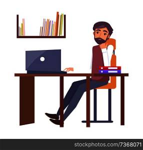 Man in office at workplace typing on computer and dreaming about rest. Male sitting at table on chair, entrepreneur worker, folders on desk isolated. Man in Office Workplace Typing Computer Dreaming