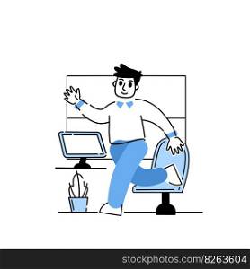 Man in office. Businessman goes to work. Outline happy business character at work. Linear interior of office with desk and computer. Man in office. Businessman goes to work.