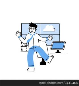 Man in office. Businessman goes to work. Outline happy business character at work. Linear interior of office with desk and computer. Modern cartoon isolated on white. Man in office. Businessman goes to work