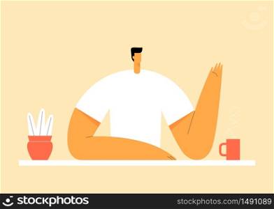 Man in office, coffee on the desktop. Cartoon male character. Modern vector illustration flat design. Use in web project and applications.