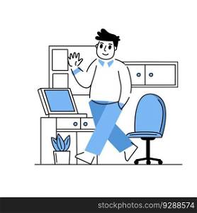 Man in office. Outline happy business character at work. Linear interior of office with desk and computer. Modern cartoon isolated on white. Businessman goes to work. Man in office. Businessman goes to work.