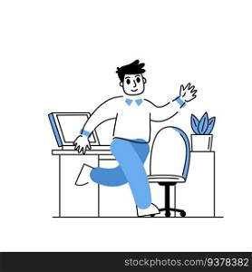 Man in office. Outline happy business character at work. Linear interior of office with desk and computer. Modern cartoon isolated on white. Businessman goes to work. Man in office. Businessman goes to work