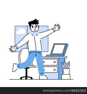 Man in office. Outline happy business character at work. Linear interior of office with desk and computer. Modern cartoon isolated on white. Businessman goes to work. Man in office. Businessman goes to work.