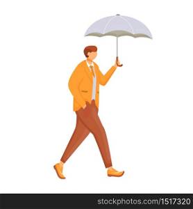 Man in orange jacket flat color vector faceless character. Rainy weather. Autumn wet day. Male with umbrella. Walking caucasian guy in suit isolated cartoon illustration on white background