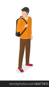 Man in Orange Sweater Brown Trousers with Rucksack. Man in orange sweater, brown trousers with rucksack on one shoulder side view vector isolated on white. Student or college boy cartoon character