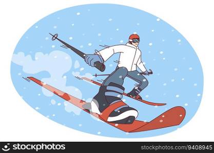 Man in outerwear skiing on snow hill on vacation. Excited person do active extreme winter sports on holidays. Flat vector illustration.. Man skiing on snowy mountain in winter