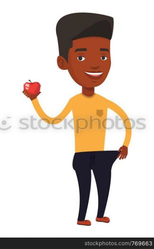 Man in oversized trousers holding an apple. Man on a diet. Slim man showing the results of his diet. Dieting and healthy lifestyle concept. Vector flat design illustration isolated on white background. Slim man in pants showing the results of his diet.