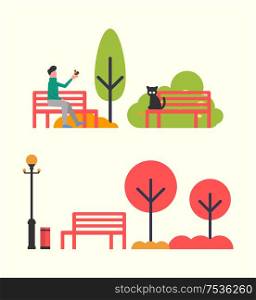Man in park, autumn season relaxation on nature vector. Person spending time in fall seasonal days sitting on bench. Wooden benches and trees bushes. Man in Park, Autumn Season Relaxation on Nature
