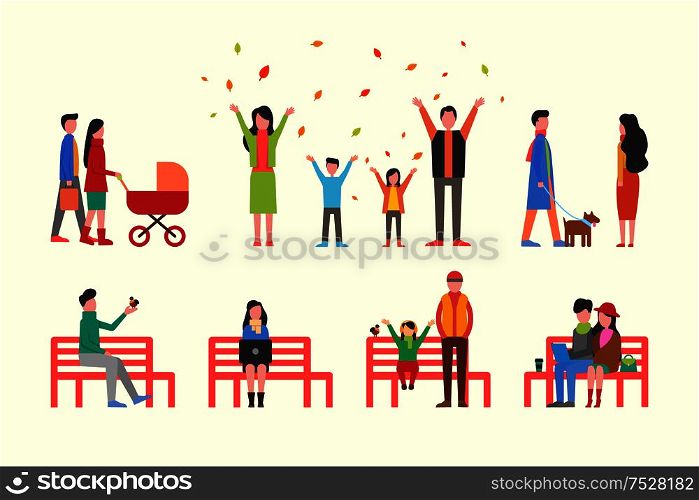 Man in park, family pram, playing with leaves vector. Male with bird, father and daughter, couple working with laptop. Freelancers, woman walking dog. Man in Park, Family with Pram Playing with Leaves