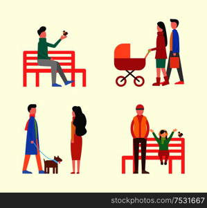 Man in park relaxing with bird, family with newborn kid in pram vector. People walking dog on leash with collar. Father and daughter sitting on bench. Man in Park Relaxing with Bird, Family with Kid