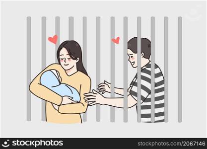 Man in prison have wife and little newborn baby visiting. Woman with infant come to husband criminal. Father in jail for misdemeanor or crime. Family instability. Flat vector illustration. . Wife with baby infant visit husband in jail