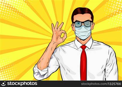 Man in protective face mask. Protection against viruses of coronavirus, bacteria, smog, COVID-19. Pop art retro comic style vector illustration.