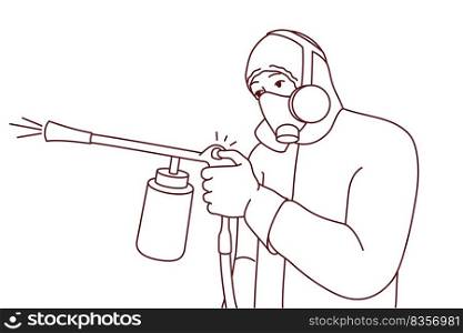 Man in protective uniform spraying pesticide to kill insects and rodents. Male exterminator or pest control worker in suit doing disinfection. Vector illustration. . Male exterminator spraying pesticide 