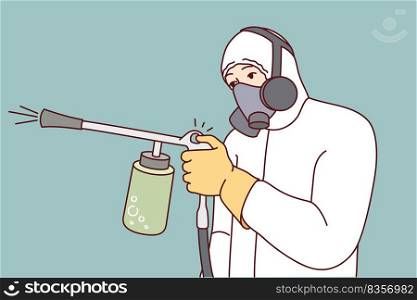Man in protective uniform spraying pesticide to kill insects and rodents. Male exterminator or pest control worker in suit doing disinfection. Vector illustration. . Male exterminator spraying pesticide 