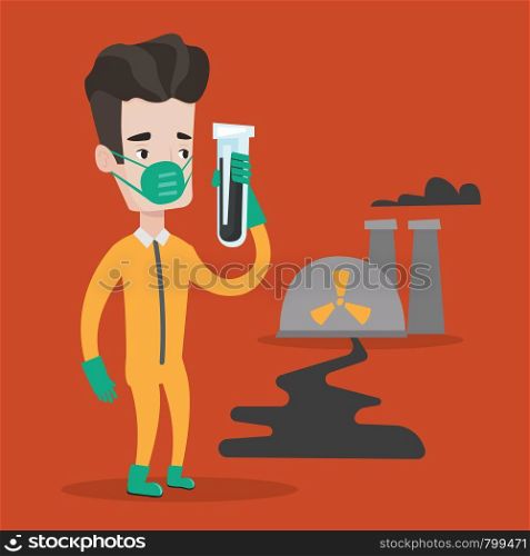 Man in radiation protective suit standing on a background of nuclear power plant. Man in radiation protective suit holding test-tube with black liquid. Vector flat design illustration. Square layout.. Man in radiation protective suit with test tube.