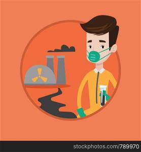 Man in radiation protective suit standing on background of nuclear power plant. Man in radiation protective suit holding test-tube. Vector flat design illustration in the circle isolated on background. Scientist with test tube vector illustration.