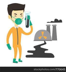 Man in radiation protective suit standing on the background of nuclear power plant. Man in radiation protective suit holding test-tube. Vector flat design illustration isolated on white background.. Man in radiation protective suit with test tube.