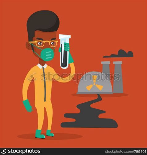 Man in radiation protective suit standing on the background of nuclear power plant. African-american man in radiation protective suit holding test-tube. Vector flat design illustration. Square layout.. Man in radiation protective suit with test tube.