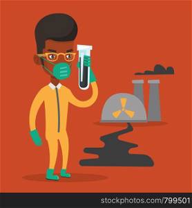 Man in radiation protective suit standing on the background of nuclear power plant. African-american man in radiation protective suit holding test-tube. Vector flat design illustration. Square layout.. Man in radiation protective suit with test tube.