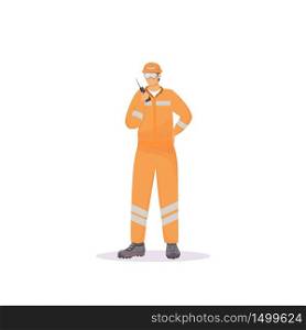 Man in reflective suit flat color vector faceless character. Industrial worker wearing orange uniform, engineer with radio set isolated cartoon illustration for web graphic design and animation. Man in reflective suit flat color vector faceless character