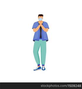 Man in respiratory mask flat color vector faceless character. Male patient with mouth protection. Person hold sore throat. Influenza virus spread precaution isolated cartoon illustration