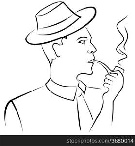Man in retro hat smoking a pipe, hand drawing vector outline