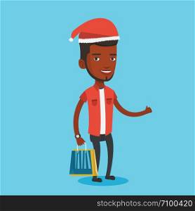 Man in santa hat holding shopping bags. African-american man carrying shopping bags. Guy with a lot of shopping bags. Young man buying christmas gifts. Vector flat design illustration. Square layout. Man in santa hat shopping for christmas gifts.