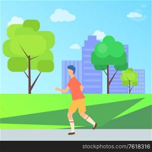 Man in sportswear running in city park, side view of male going near trees and skyscraper, outdoor activity, training athletic, sportsman decoration vector. Sportsman Running in City Park, Activity Vector