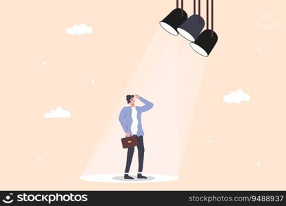 Man in spotlight. Employer choosing best professional in group of candidates, Success candidate for job vacancy. Job interveiw. Giving hand to woman under spotlight.. Man in spotlight. Employer choosing best professional in group of candidates,