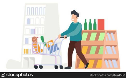 Man in store with supermarket cart. Guy shopping isolated on white background. Man in store with supermarket cart. Guy shopping
