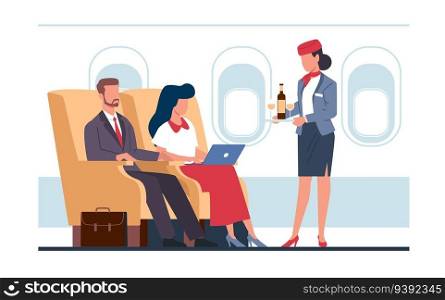 Man in suit and businesswoman are flying on plane in business class. light attendant serving drinks to passengers on board. Stewardess in uniform cartoon flat isolated illustration. Vector concept. Man in suit and businesswoman are flying on plane in business class. light attendant serving drinks to passengers on board. Stewardess in uniform cartoon flat isolated vector concept